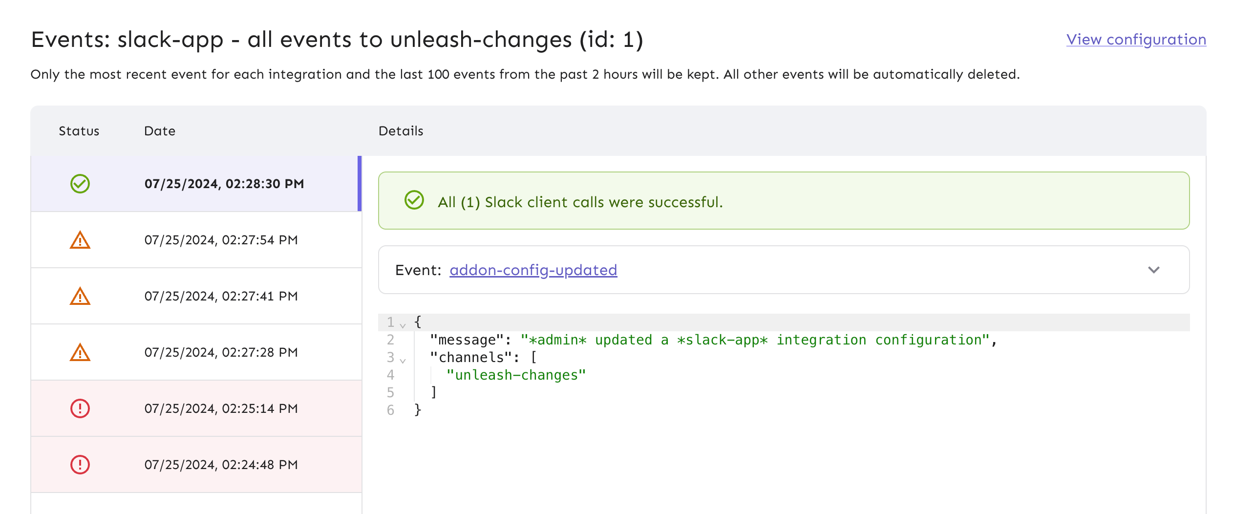 Integration events view, with the sorted list on the left side and the detailed view on the right side.